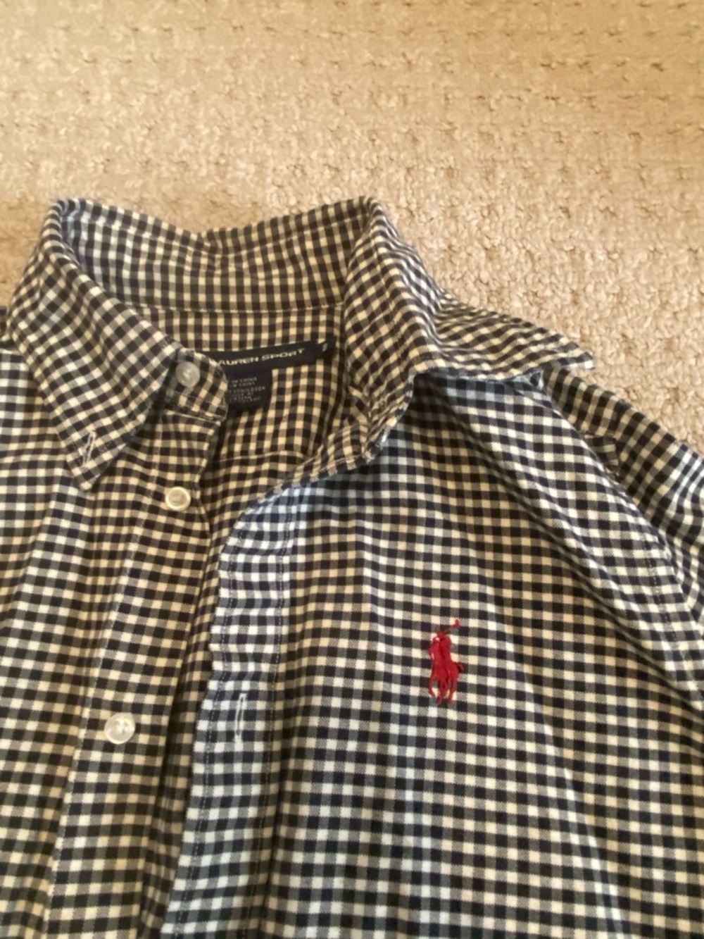 Ralph Lauren Navy and White Gingham Button-Down Shirt with Red Polo Emblem
